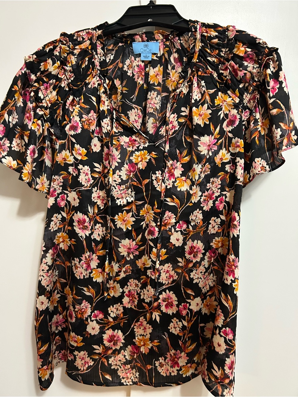 CeCe Black Floral Tie-Neck Ruffle Sleeve Blouse